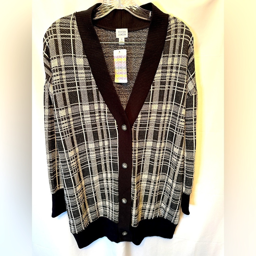 NWT PEYTON JENSEN Women’s Size Small Relaxed Fit Black White Plaid‎ Cardigan
